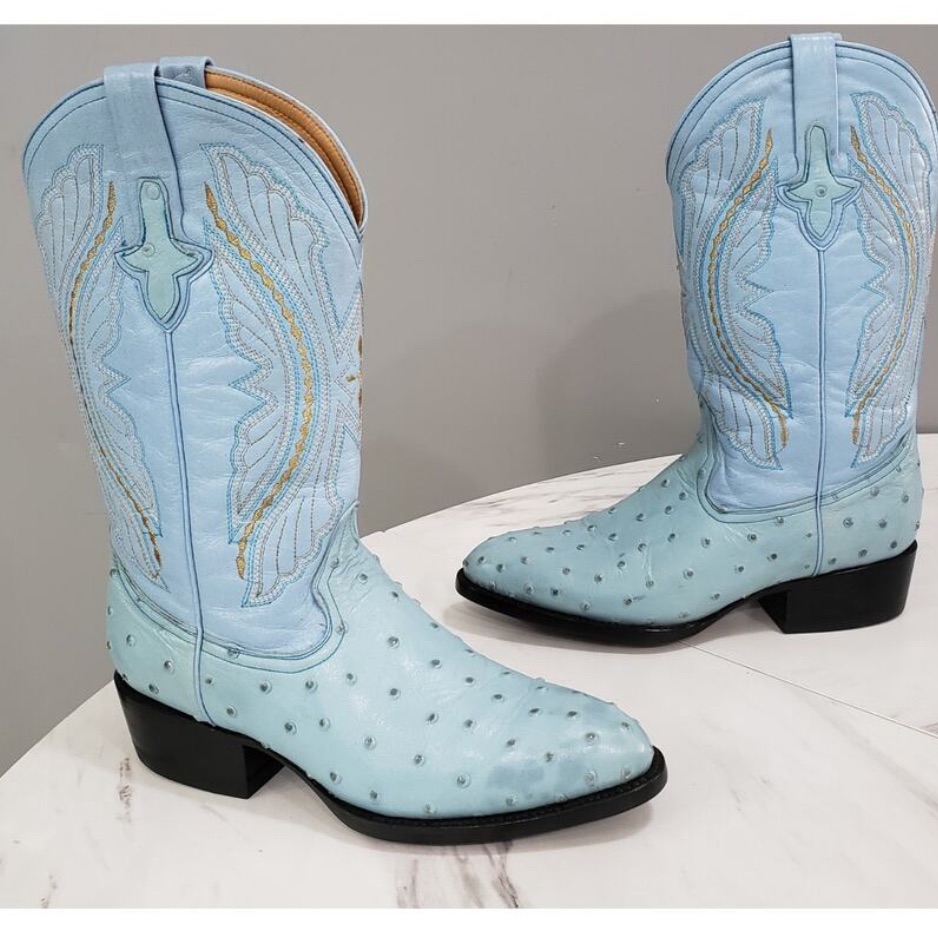 Vintage Cowboy Boots Light Blue Ostrich Leather Inlay Size Men’s 6.5 Women’s 8